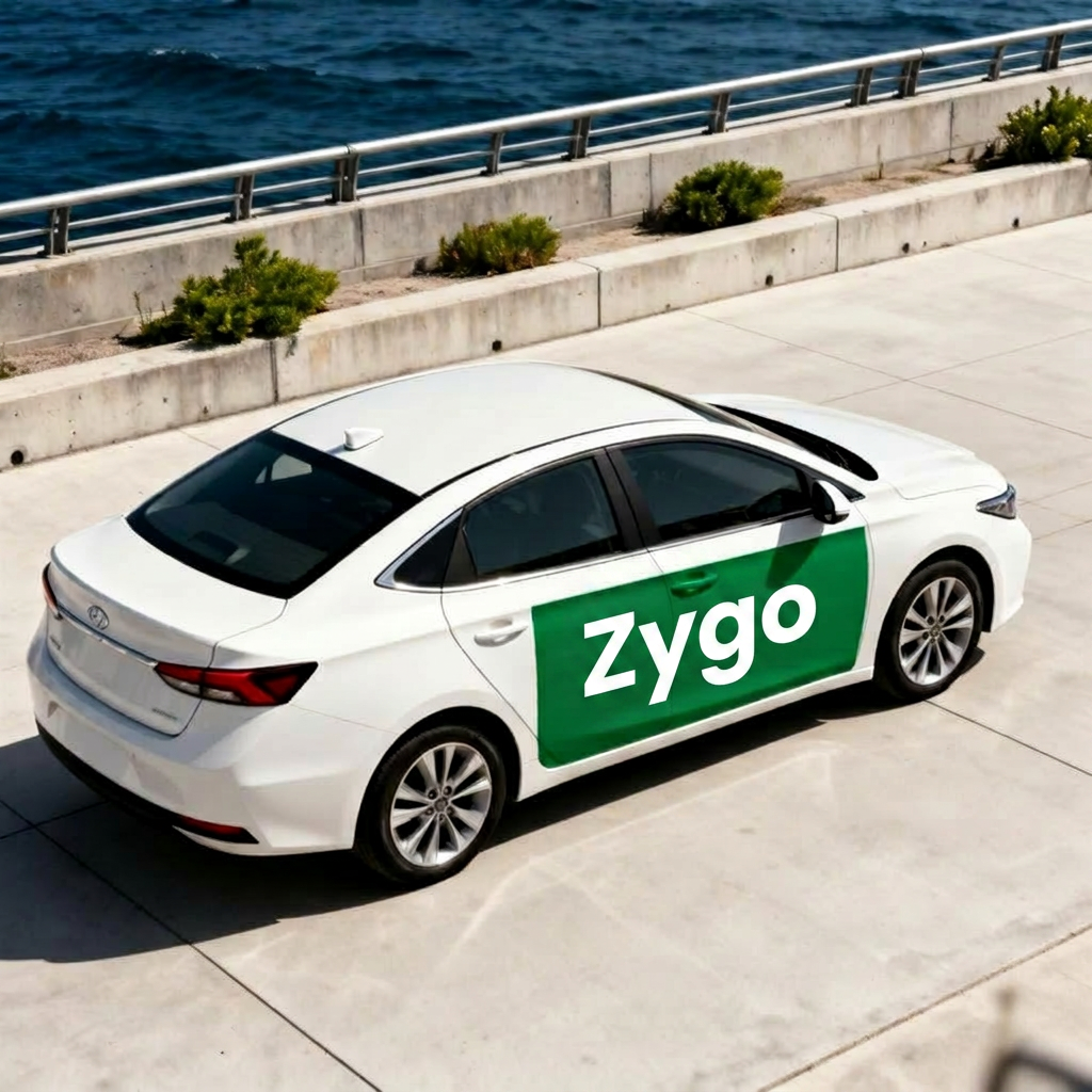 Zygo-branded vehicle parked at a coastal promenade
